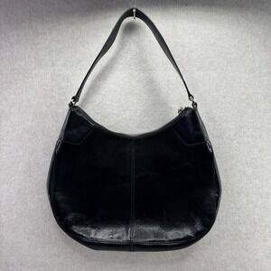 Monsac Bag Womens Medium Black Leather Hobo Zip Lined Inner Pockets Silver Logo
